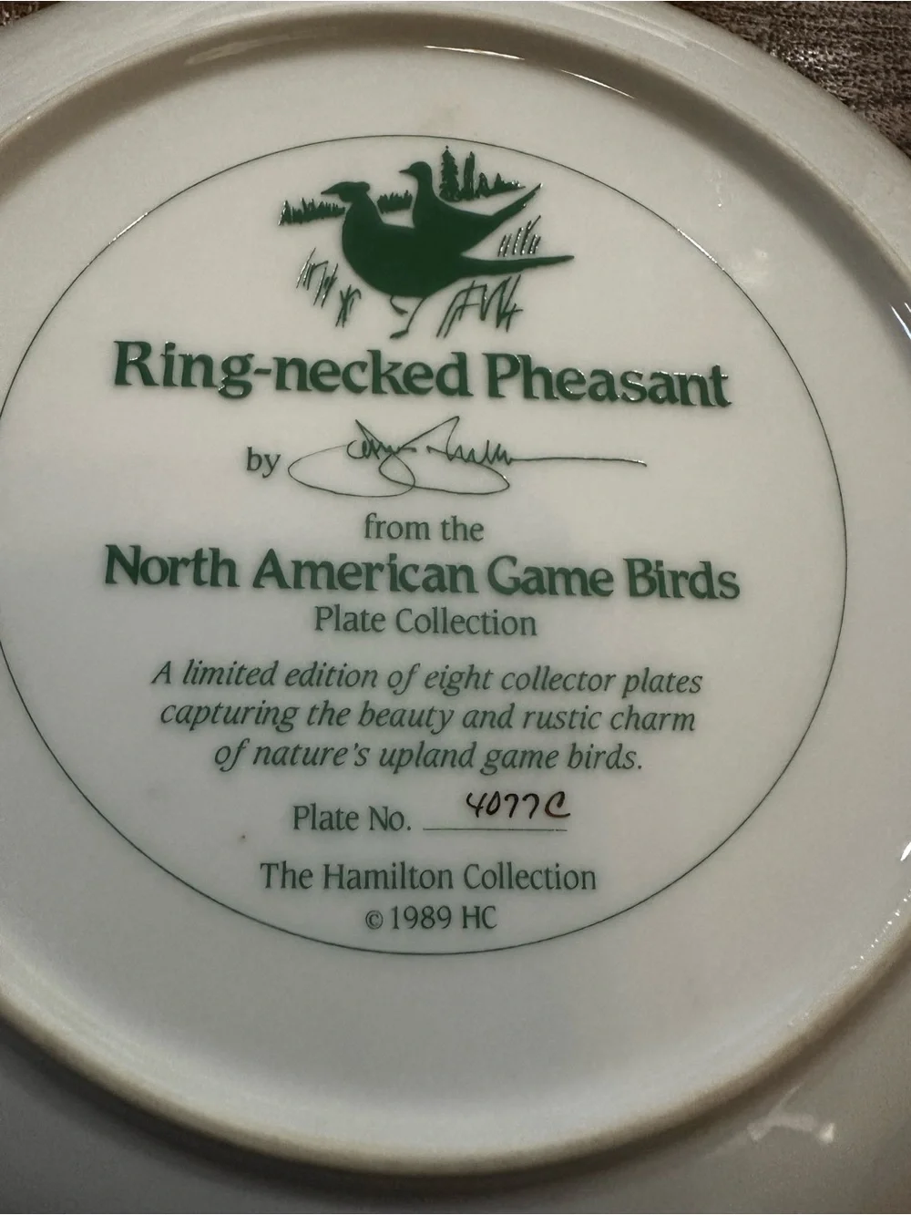 Wild Quail Decorative Wall Plate in Brown and Green- 1989